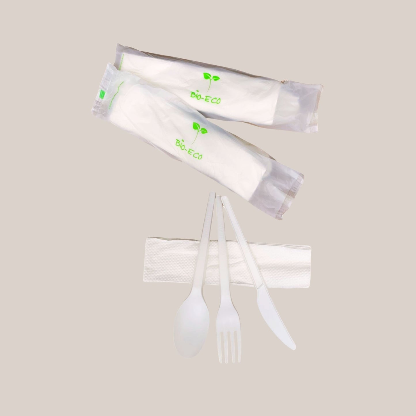 PACK TRIS+SERVILLETA (tenedor/cuchillo/cuchara/servilleta) EN CPLA - BIOECO