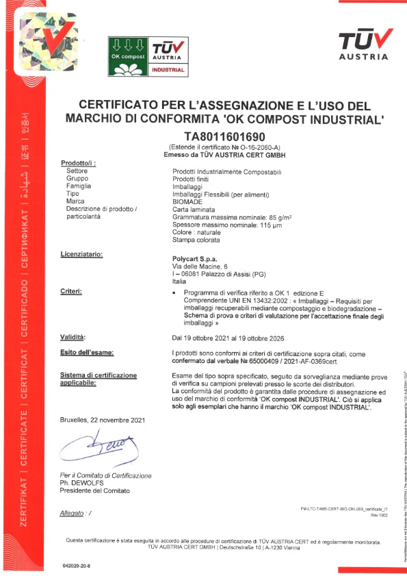 Certificación OK COMPOST BOLSAS, FILM, PAPEL ACOPLADO