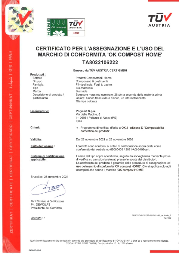 Certificación OK COMPOST BOLSAS, FILM, PAPEL ACOPLADO